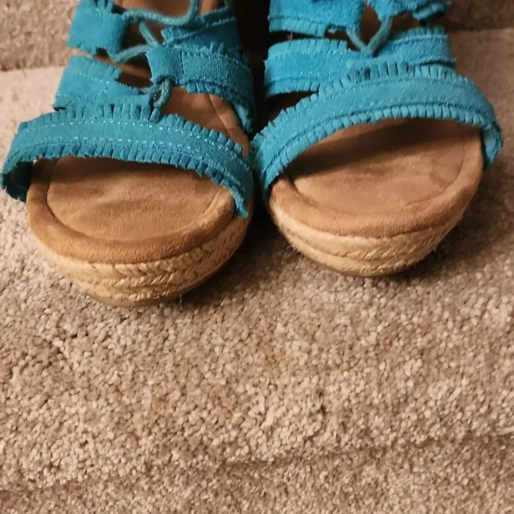 Minnetonka Women's Turquoise Blue Espadrille Wedge Sandals Shoes Size 8